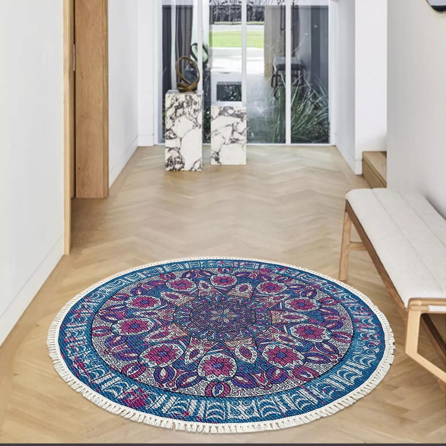 Boho Rug 5Ft Round Bedroom Carpet Circle Nonslip Farmhouse Area Rug Rustic Mandala Floor Mat for Living Room Locker Room Tassel Yoga Throw Rugs Washable Doormat, Purple