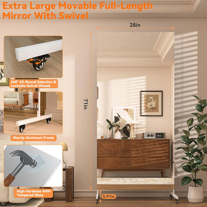 Hasipu Home Gym Mirror with Light 360° Swivel on Wheels, 79" x 32" Extra Large Full Length Rolling LED Mirror for Yoga Studio, Bedroom, Dancing Studio, White