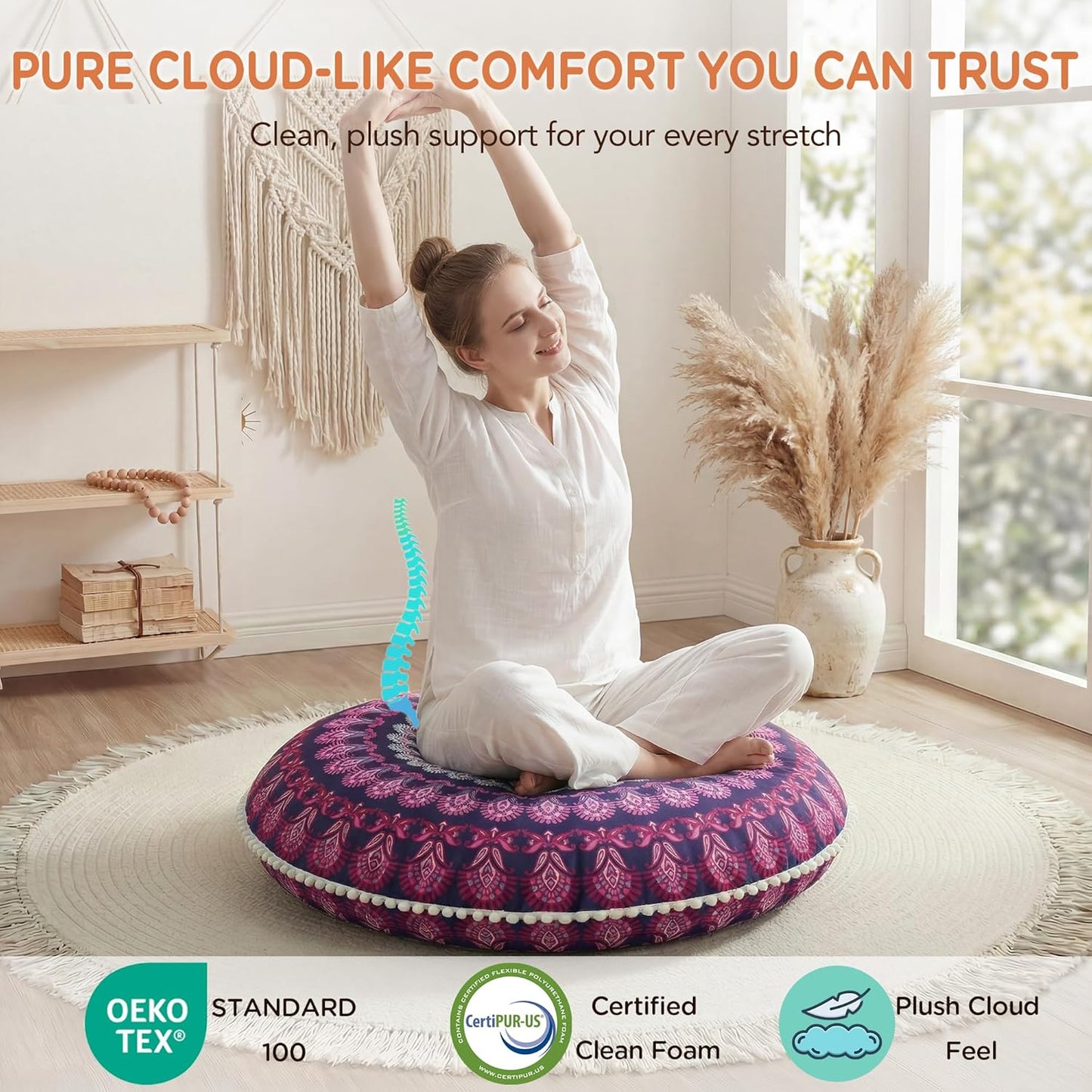 Codi Meditation Floor Pillow Set of 2, Round Large Pillows Seating for Adults, Bohemian Mandala Circle Cushion for Outdoor Fireplace Yoga Living Room, 32 Inch, Memory Foam Added, Purple Orchid NEW