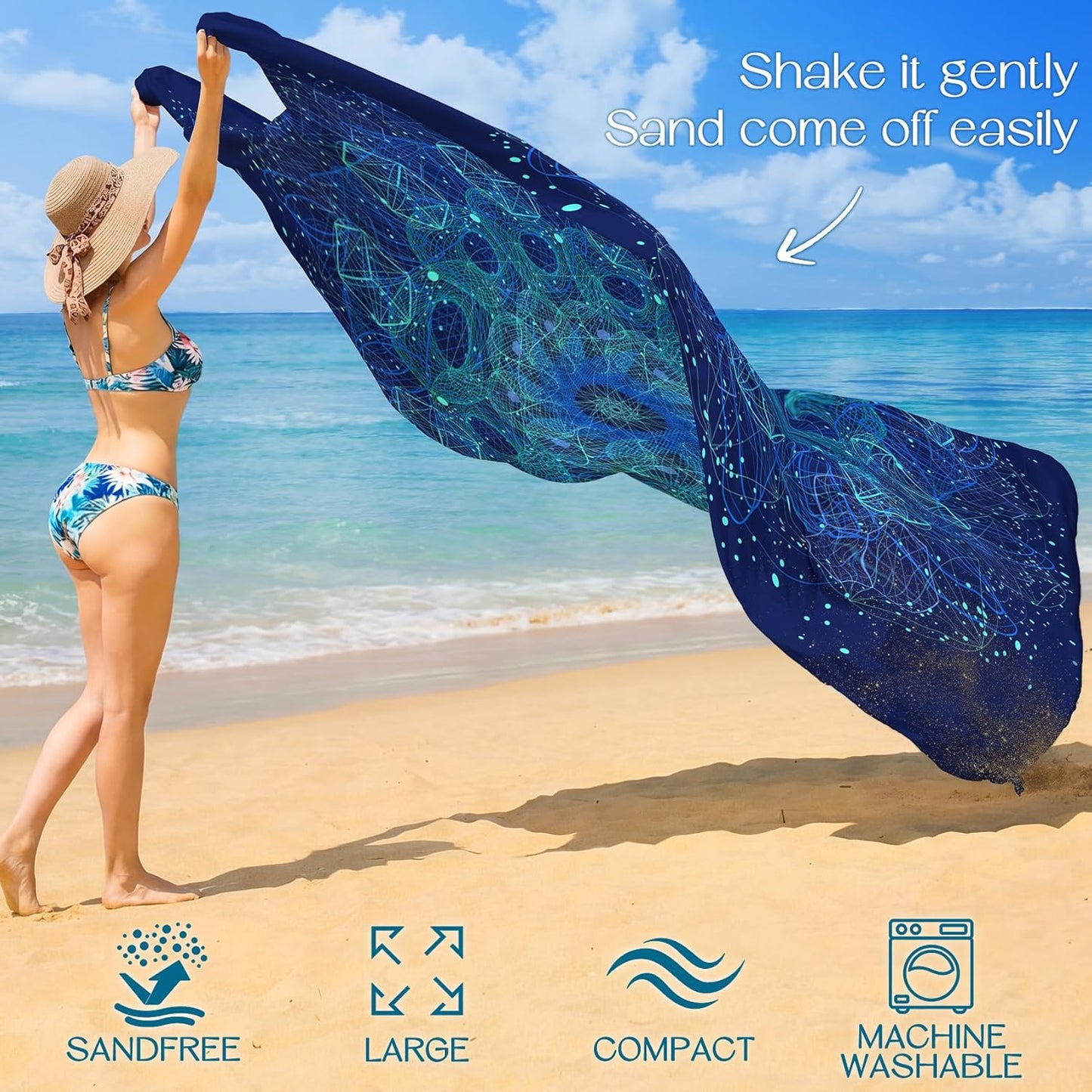 BYDOLL Beach Blanket Waterproof Sandproof Large Sand Free,78''X81''/10'X9' Oversized Sandless Lightweight Blanket Picnic Mat for Beach Travel Camping Hiking with Stakes