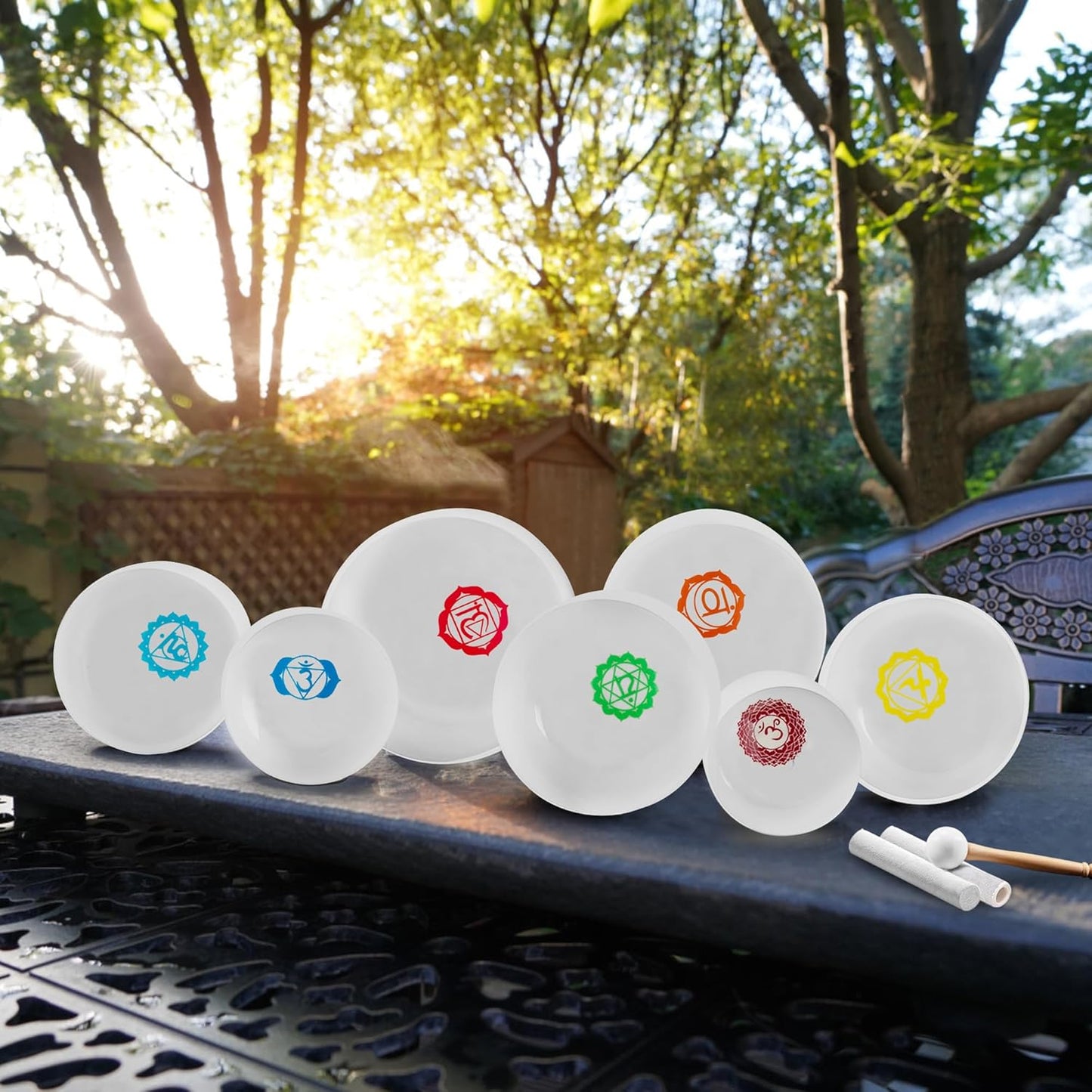 Ryan Dvan 432Hz 7"-12" Set of 7 Crystal Singing Bowl Set ¨C Gradient Color Quartz Bowls for Chakra Healing, Meditation, Sound Bath & Yoga.Sound Therapy Tools with Suede Mallets & O-Rings.
