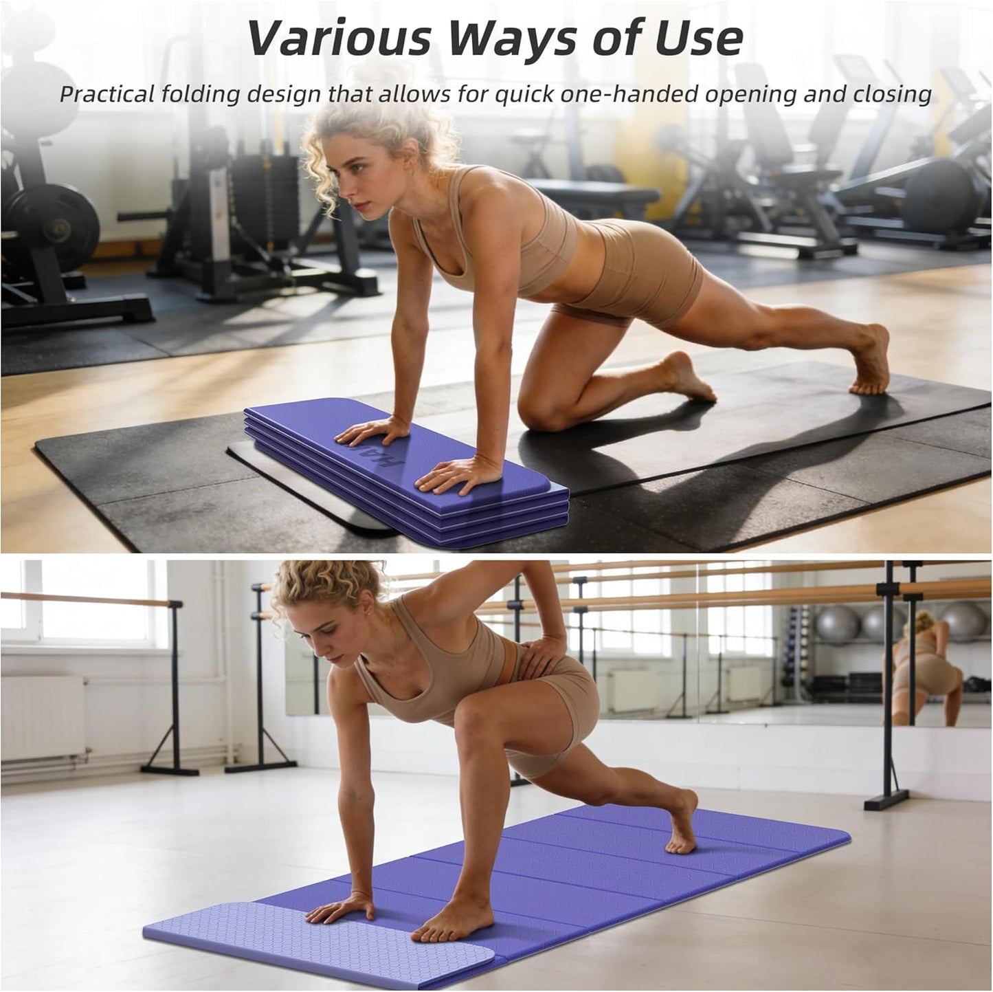 HAHE Foldable Yoga Exercise Mat, 74"Lx32"Wx1/3"Thick, TPE Multi-purpose Workout Mats with Non-slip Surface, Portable for Yoga/Pilates/Studio/Home Gym