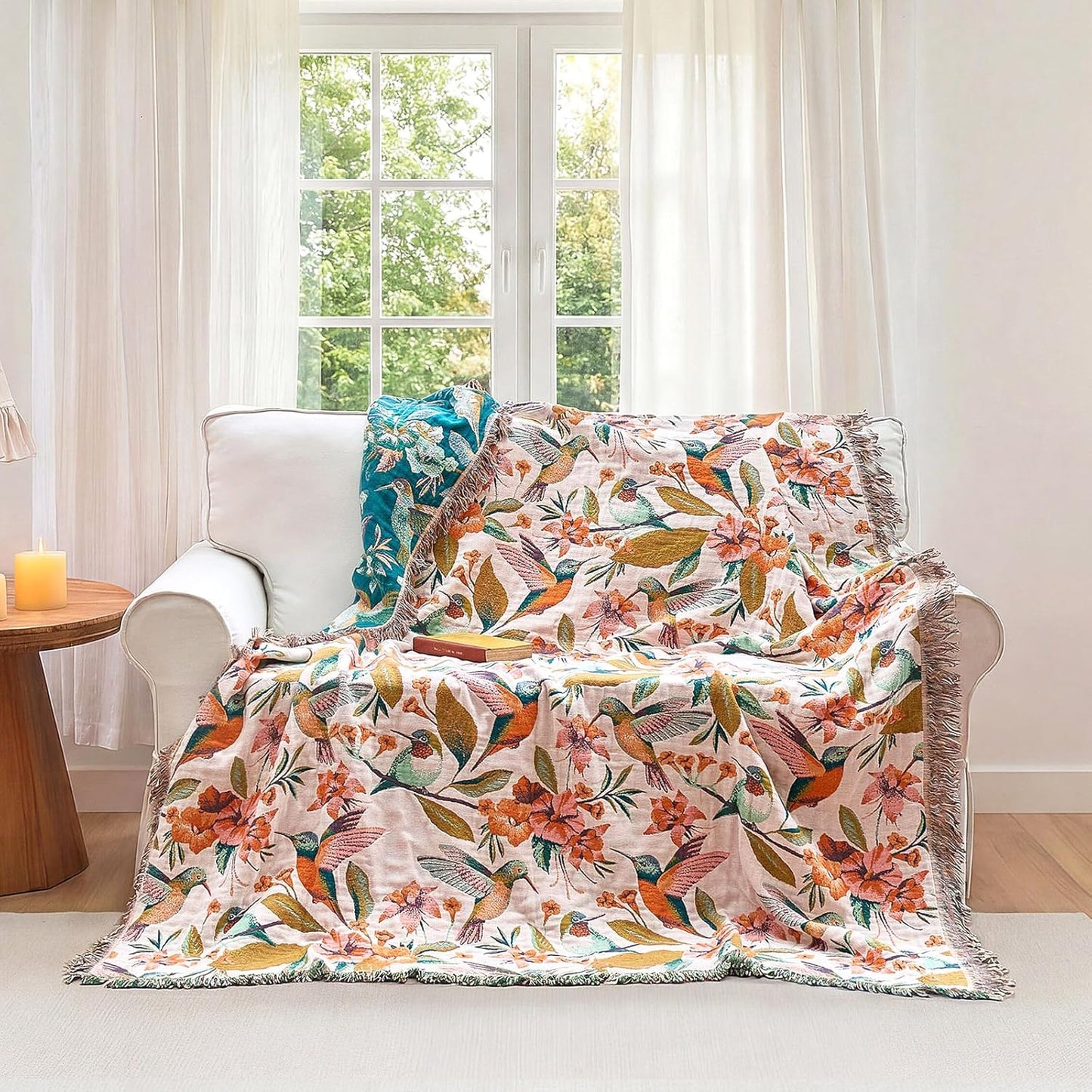 Boho Throw Blanket - 100% Cotton Soft Summer Throw Blanket for Bed, 50"x60" Reversible Breathable Lightweight Blankets, All Seasons Farmhouse Decor Floral Plant Butterfly Throw Quilt