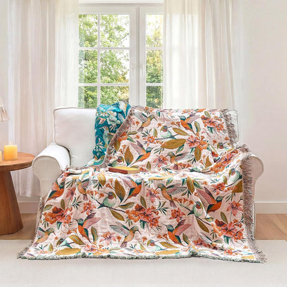 Boho Throw Blanket - 100% Cotton Soft Summer Throw Blanket for Bed, 50"x60" Reversible Breathable Lightweight Blankets, All Seasons Farmhouse Decor Floral Plant Butterfly Throw Quilt