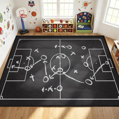 Sports Field Area Rug,5x7ft, Soccer Field Chalked Blackboard Football Stadium Board Painted Non-Slip Soft Carpet Floor Mat Indoor Living Room Bedroom Rugs Yoga Mat Home Decor