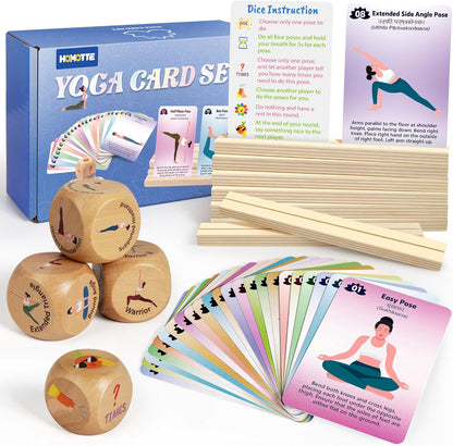 Homotte Yoga Cards and Wooden Yoga Dice Set for Beginners, Kids Yoga Accessories Pose Workout Kit with 4 Dice, 8 Card Holder, Gift for Women