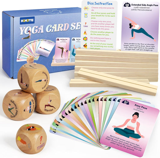 Homotte Yoga Cards and Wooden Yoga Dice Set for Beginners, Kids Yoga Accessories Pose Workout Kit with 4 Dice, 8 Card Holder, Gift for Women
