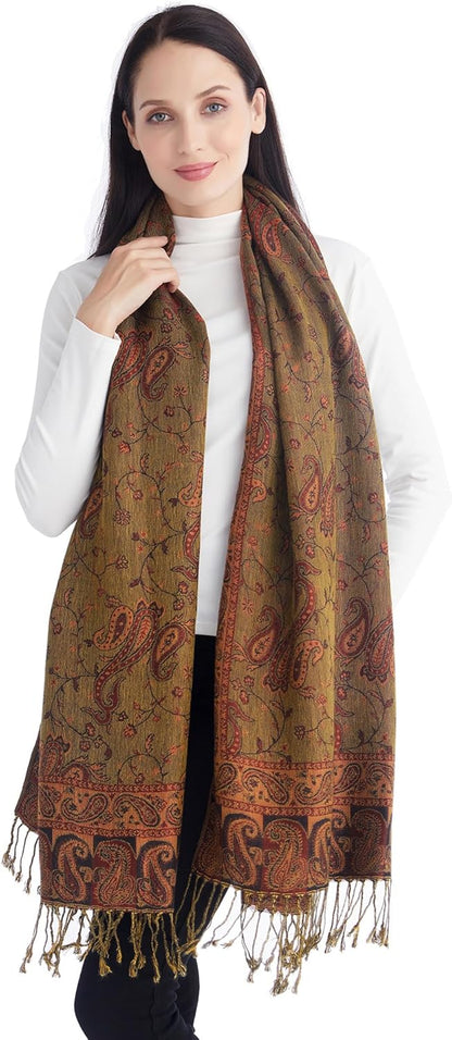 Ciormis Two Tone Silky Paisley Pashmina Shawl Scarf,Soft Women's Rave Jacquard Pashminas Wrap Scarves