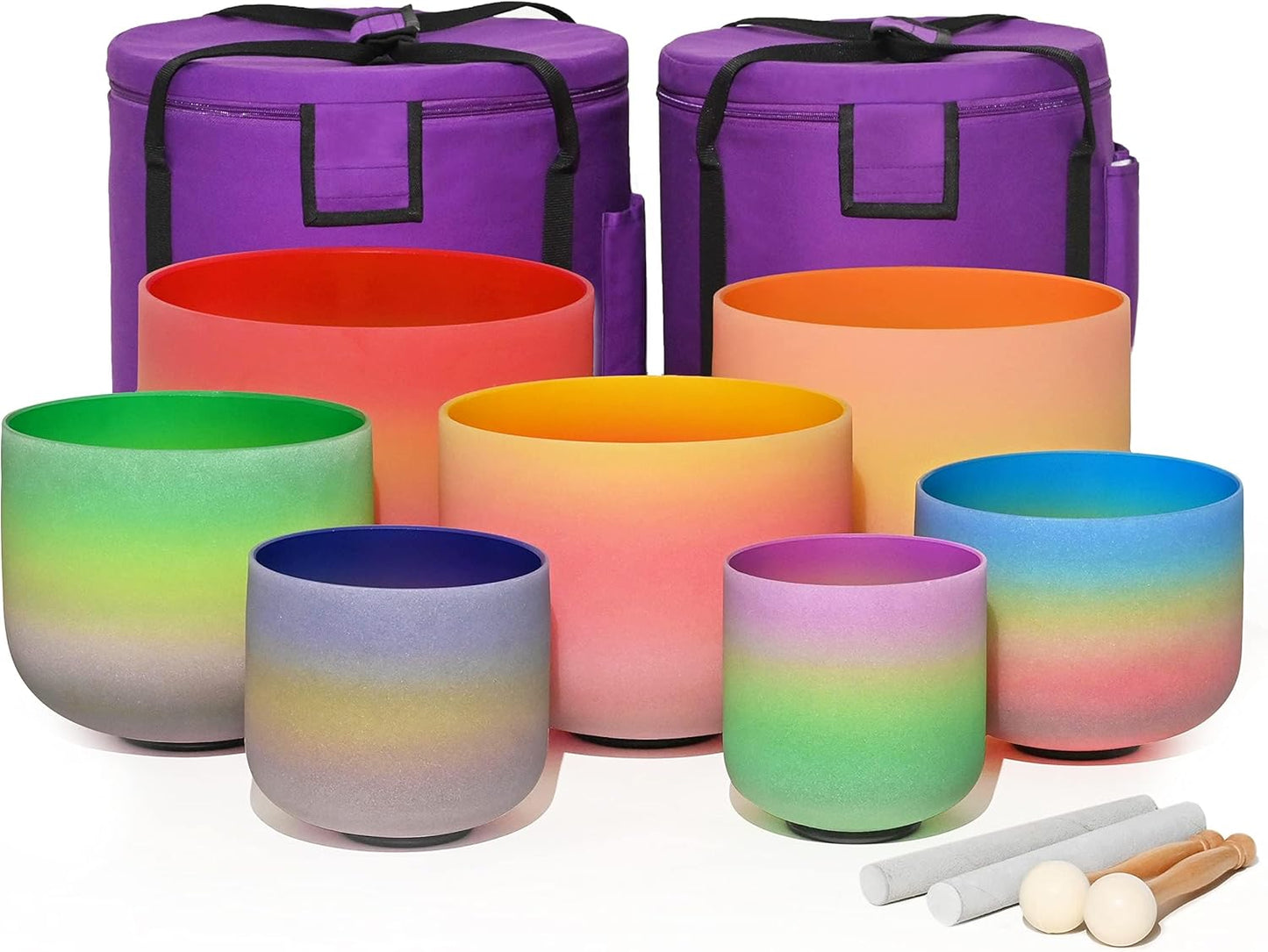 CVNC 432Hz 7-12 Inch Crystal Singing Bowl Set of 7 with 2 Pcs Carrying Case Bag, Frosted Quartz Crystal Sound Bowls for Chakra, Sound Therapy, Meditation Energy