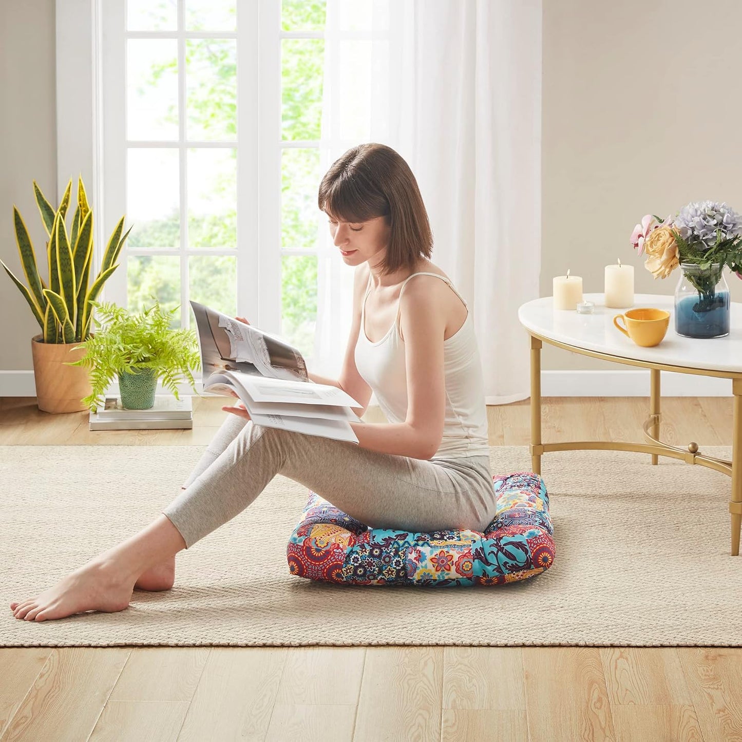 Codi Boho Floor Pillow, Large Meditation Cushion for Adults, Square Pillows Seating for Yoga Living Room Tatami Sitting Home Decor, Memory Foam Added, 22x22 Inch, Multi Patchwork