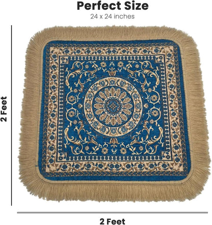 Soft Chenille Prayer Mat | Traditional Mandala Floral Pooja Aasan with Golden Fringes | Multipurpose Square Rug for Meditation, Yoga, Puja Room & Home (Red, 2x2 Feet)