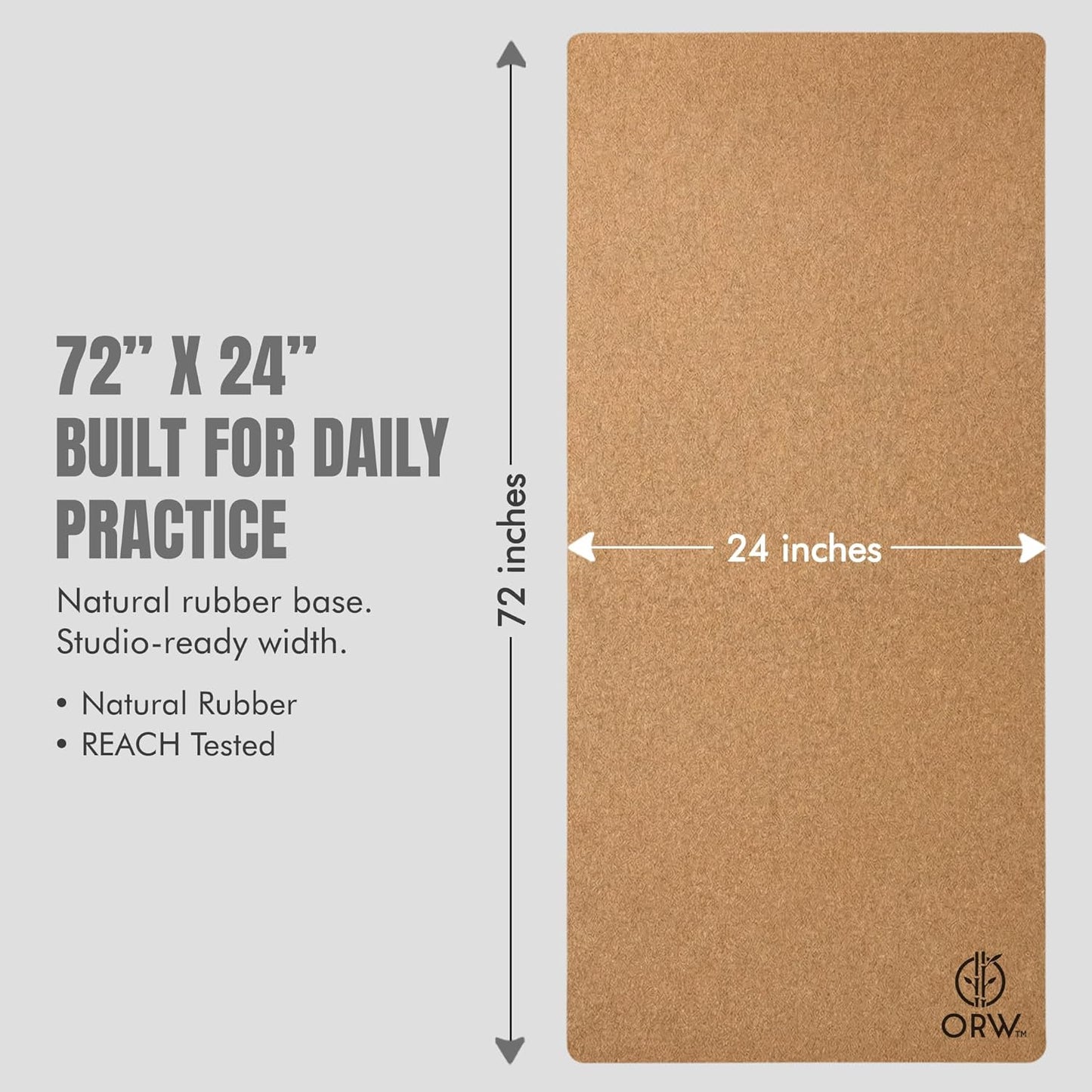 Yoga Mat Natural Cork, Non Slip Yoga Mat for Hot Yoga & Workout, 4mm Thick Natural Rubber Base, 72” x 24” Exercise Mat for Pilates, Fitness & Daily Practice, REACH Tested (SVHC Free), Includes Carry Strap