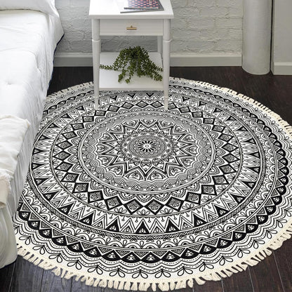 Boho Rug 5Ft Round Bedroom Carpet Circle Nonslip Farmhouse Area Rug Rustic Mandala Floor Mat for Living Room Locker Room Tassel Yoga Throw Rugs Washable Doormat, Purple