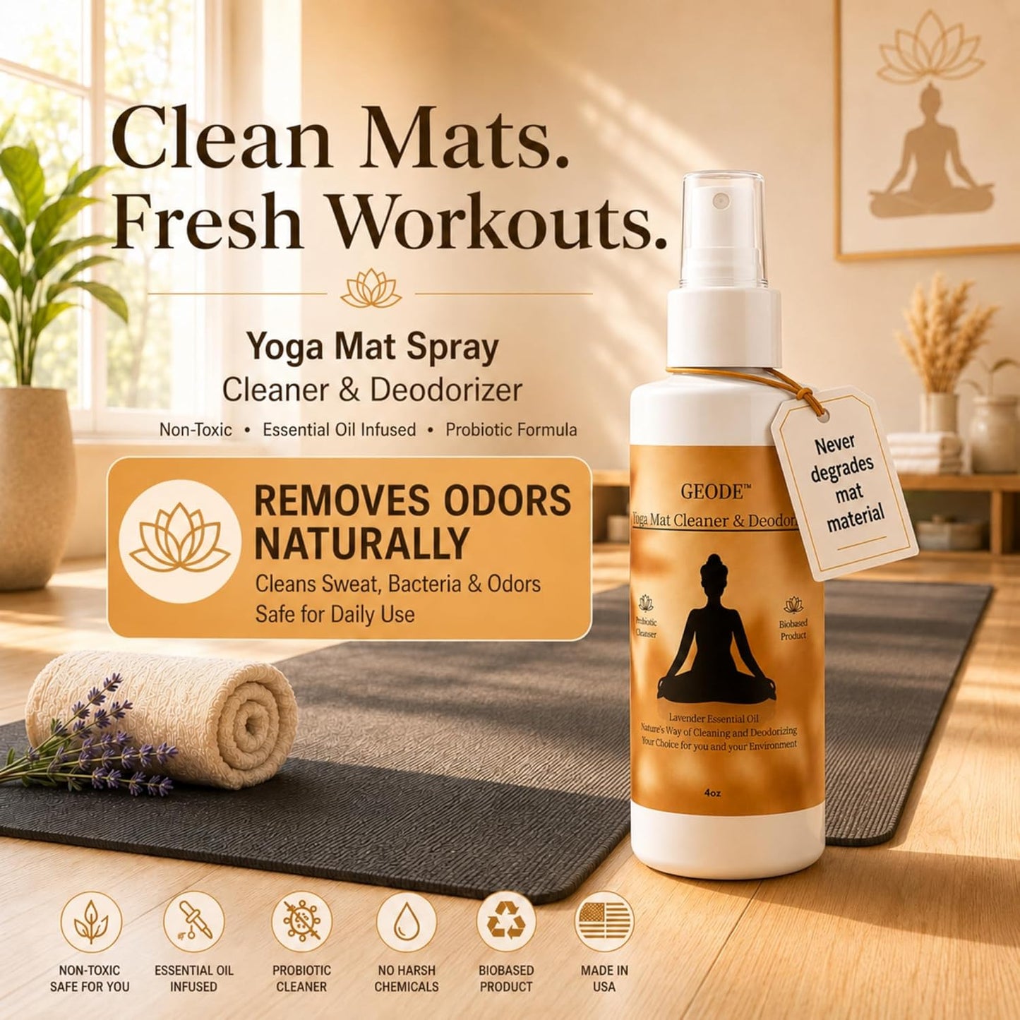 Yoga Mat Cleaner & Deodorizer Spray – Lavender Essential Oil Formula for Yoga Mats, Pilates Reformers & Gym Equipment – Natural No-Residue Workout Mat Cleaner, Non-Toxic Daily Cleaning Spray (32 oz)