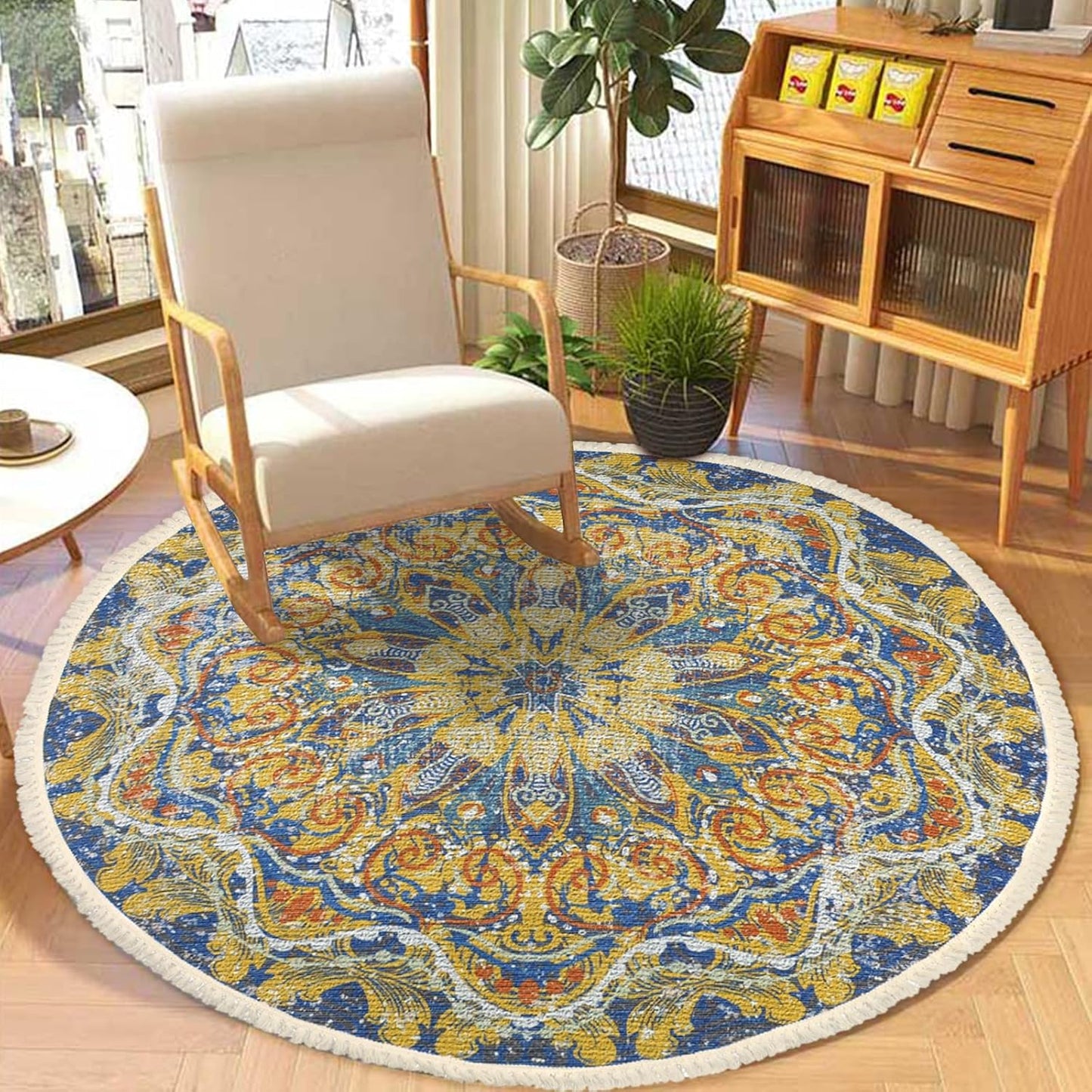 Boho Rug 5Ft Round Bedroom Carpet Circle Nonslip Farmhouse Area Rug Rustic Mandala Floor Mat for Living Room Locker Room Tassel Yoga Throw Rugs Washable Doormat, Purple