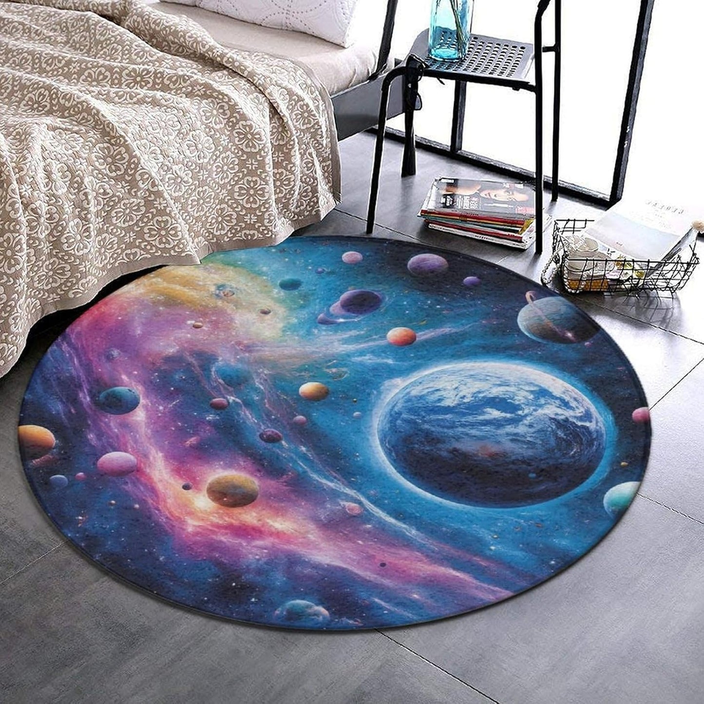 Machine Washable Modern Round Area Rug, Room Sofa Yoga Soft Round Carpet, Home Decor Non Slip Kitchen Office Circle Rug Trippy Rainbow Mushroom Tie Dye Art, 60inch