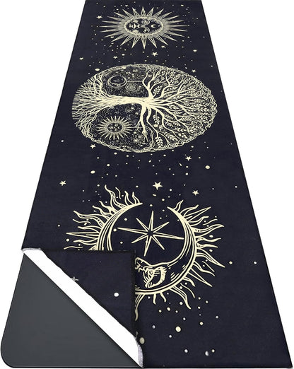 Yoga Mat Towel with Corner Pockets - Microfiber Yoga Towels for Hot Yoga Non Slip Moisture Wicking Sweat Absorbent, Tree of Life Yoga Towel Easy for Travel, Use in Hot Yoga,Bikram,Pilates and Fitness