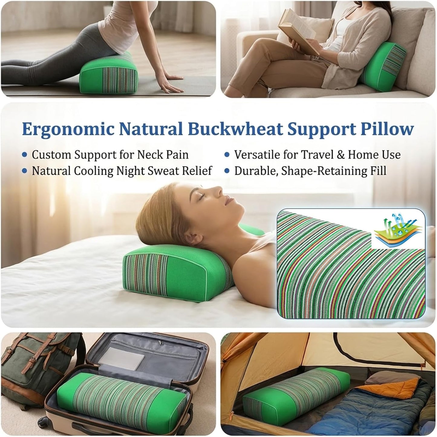 Adjustable Buckwheat Hull Pillow for Neck Pain Relief (21x8x4in) Natural Cooling Cervical Support Organic Pillow for Side & Back Sleepers with Night Sweats (Grey)