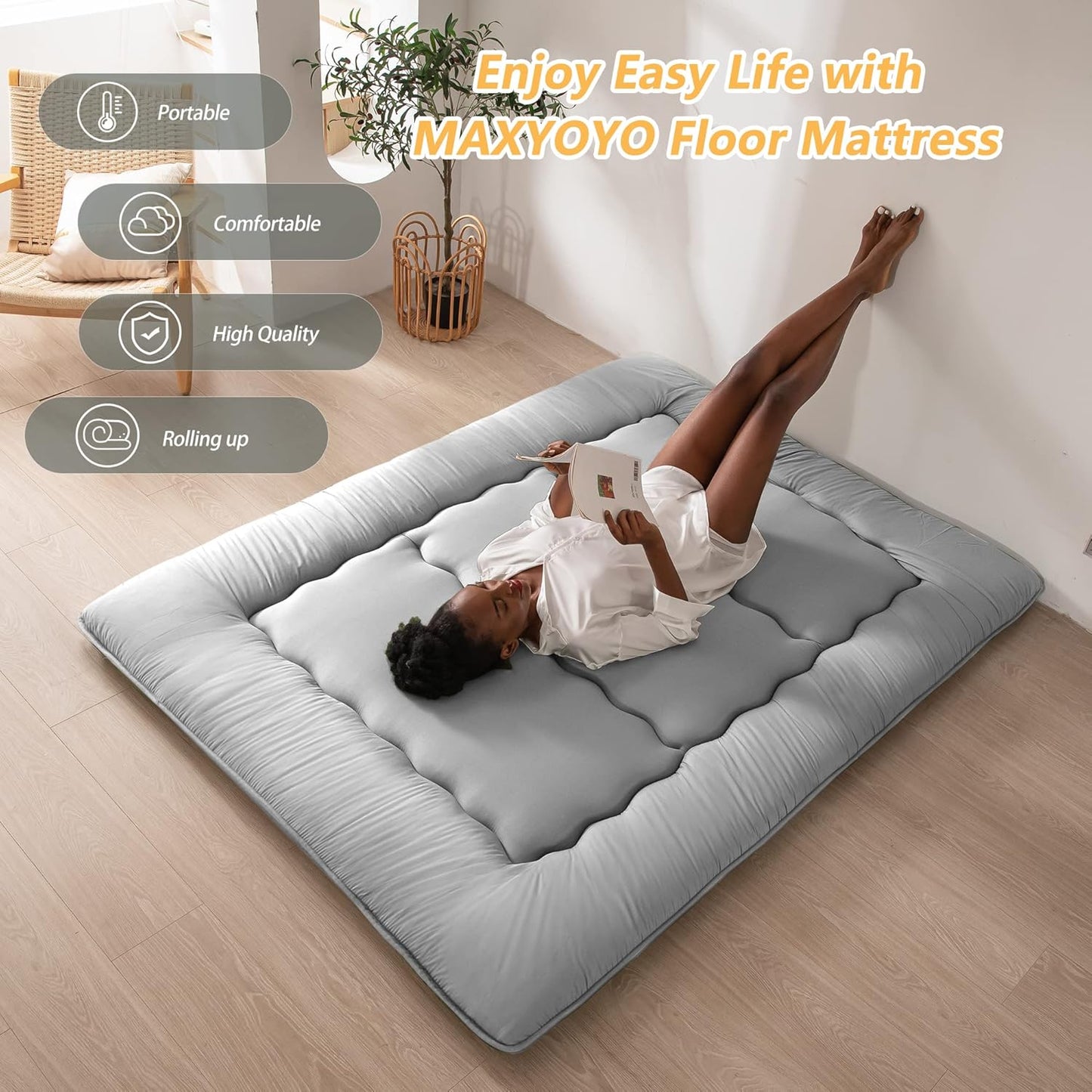MAXYOYO Bohemian Retro Mattress Boho Floral Japanese Futon Mattress Tatami Floor Mat Foldable Portable Camping, Sleeping Pad, Lounger Couch Bed Full Size