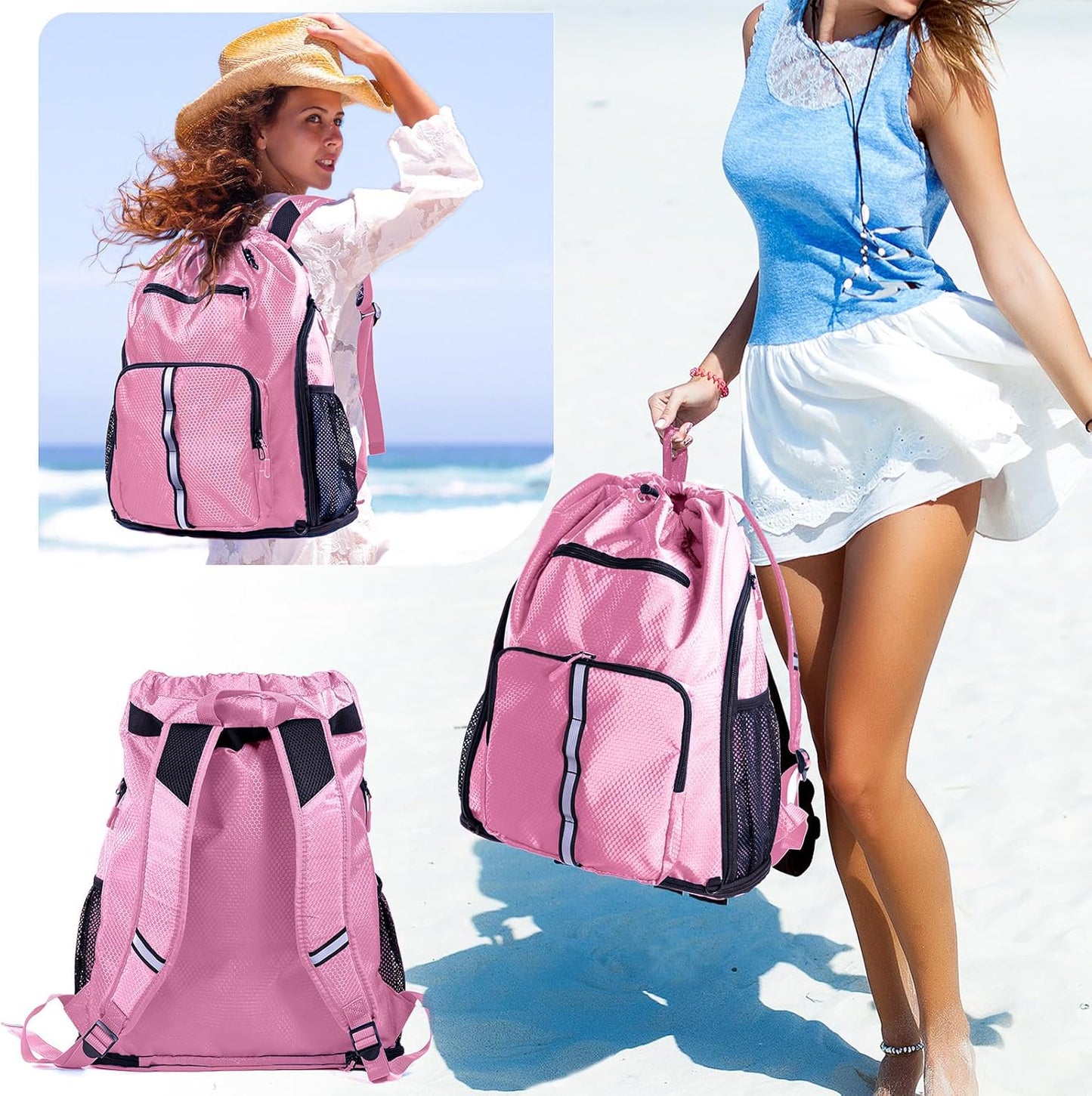 Large Beach Backpack Waterproof Sandproof - Customized Oversized Drawstring Pool Bag with Shoe Compartment for Toiletries, Towels, Gym, Travel