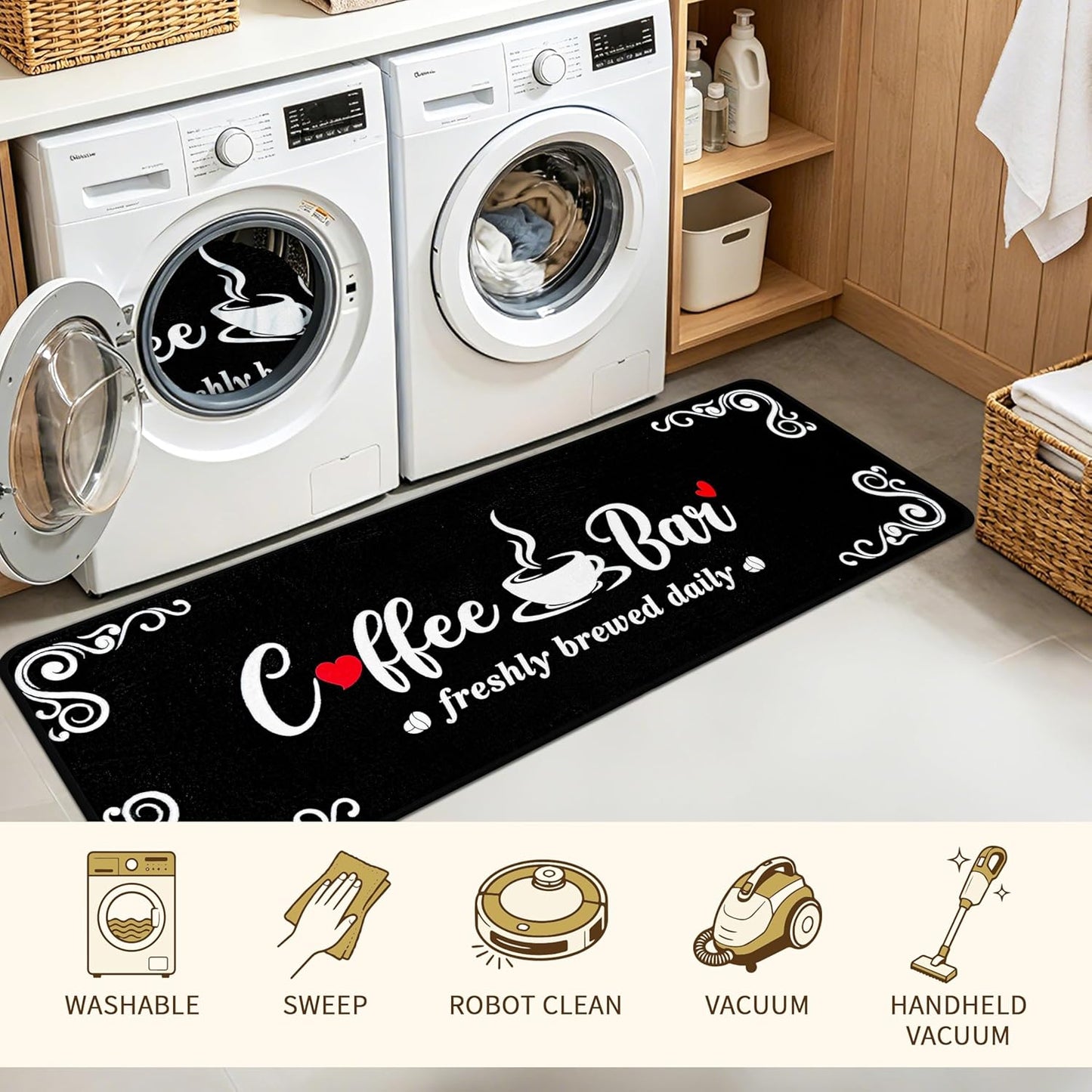 Coffee Kitchen Rug, 20"x47" Soft Velvet Kitchen Runner, Laundry Room Rugs Thickened TPR Bottom Floor Mat, Friendly for Kids & Pets, Multi-Use for Yoga Office, Coffee Station Rug Decor
