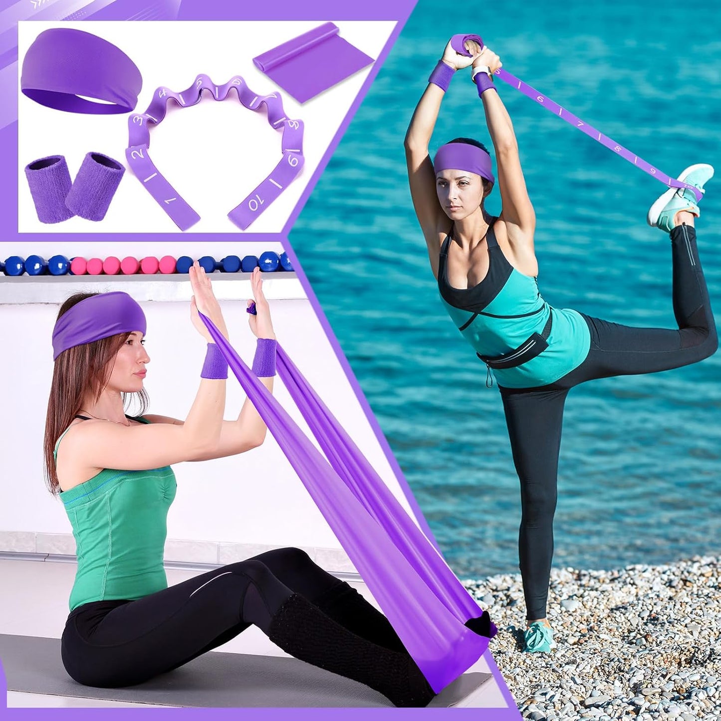 Poen 18 Pcs Home Pilates Ball and Ring Circle Set Yoga Fitness Essentials Kit with 5 Resistance Band Stretching Strap Non Slip Sock Ball Core Slider Wristband Headband Gym Bag for Women