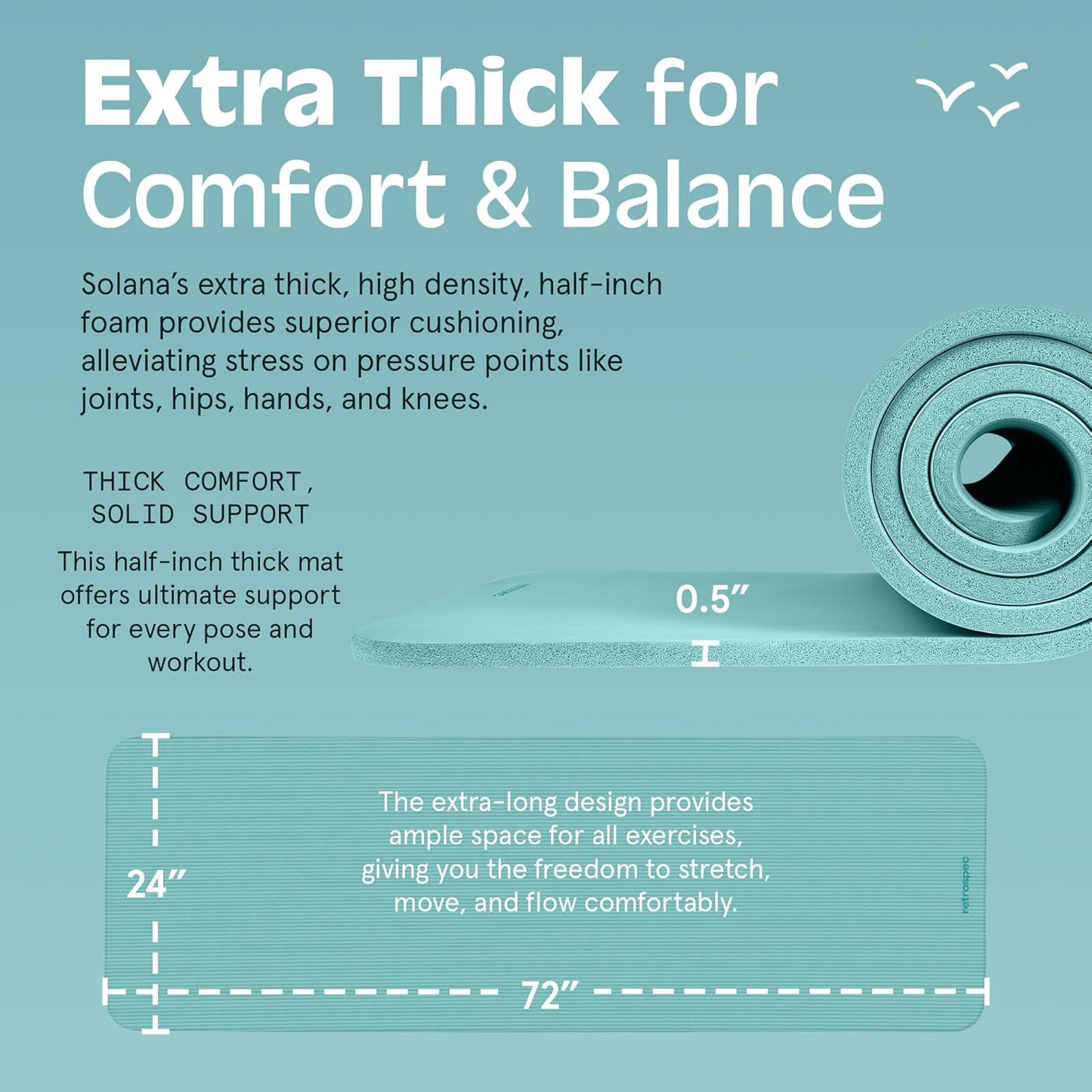 Retrospec Solana Yoga Mat Thick 1/2in Non-Slip Workout Mat with Nylon Strap - 72x24in Exercise Mat for Pilates, Stretching & Fitness - BPA Free, Easy Clean