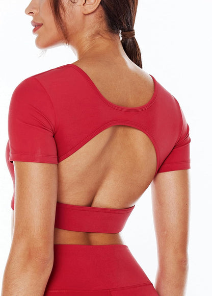ENERBLOOM Open Back Workout Crop Tops for Women Backless Yoga Shirts Gym Short Sleeve Mild Support Compression Tee with Bra