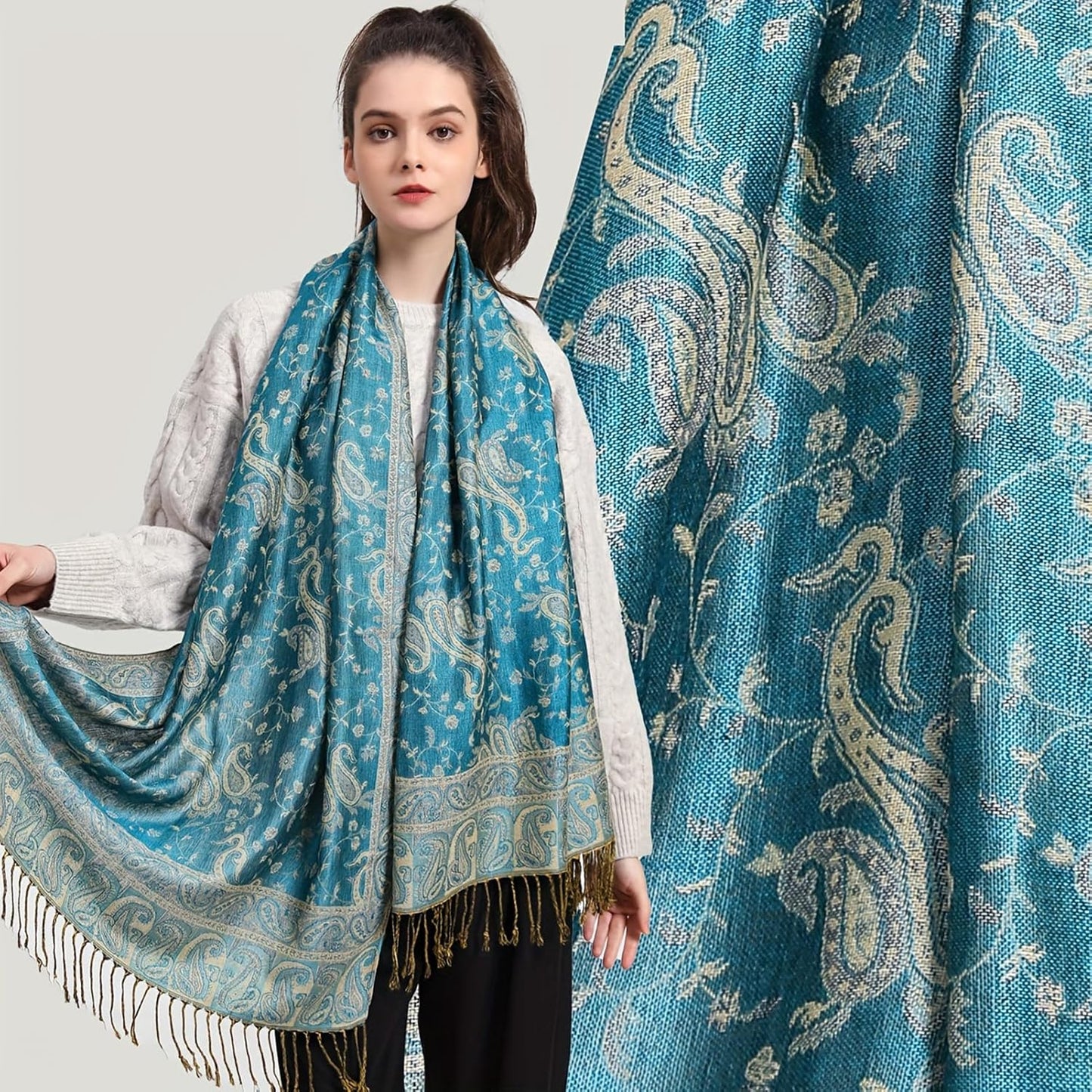 Ciormis Two Tone Silky Paisley Pashmina Shawl Scarf,Soft Women's Rave Jacquard Pashminas Wrap Scarves