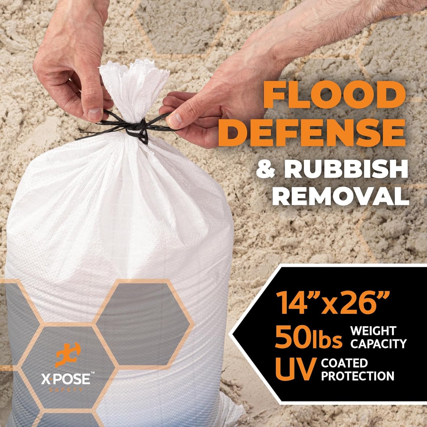 Xpose Safety Heavy Duty Sand Bags with Tie Strings – Empty Woven Polypropylene Sandbags for Hurricane Flood Protection, 50 lb Capacity, 14" x 26", White, Pack of 10