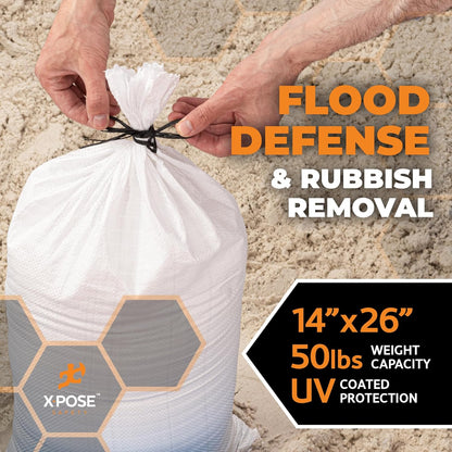 Xpose Safety Heavy Duty Sand Bags with Tie Strings – Empty Woven Polypropylene Sandbags for Hurricane Flood Protection, 50 lb Capacity, 14" x 26", White, Pack of 10