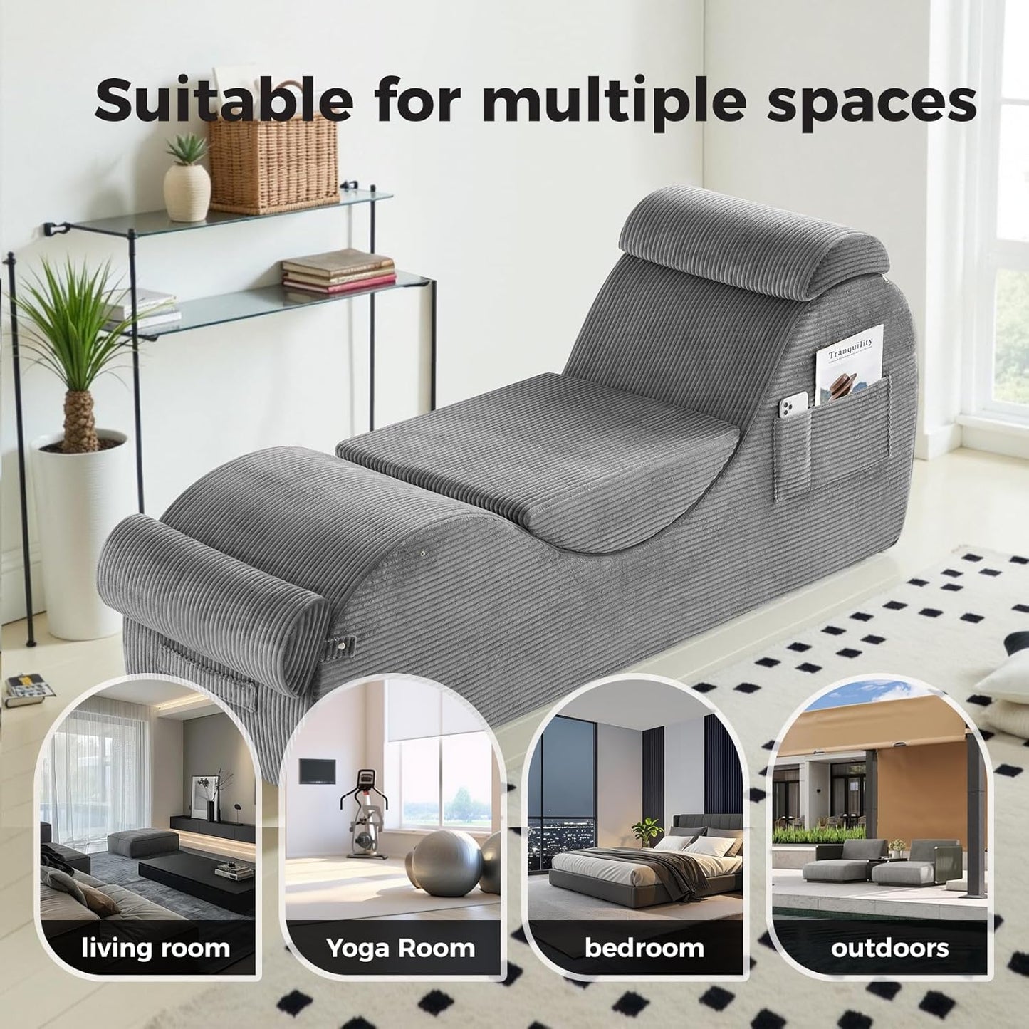 Yoga Chairs for Adults, Ergonomic Chaise Lounge Chair Indoor with Side Pocket, Lumbar Pillow, Ottoman, Yoga Chair Perfect for Stretching, Relaxation, Exercise, Used in Bedroom, Living Room（Grey）
