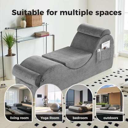Yoga Chairs for Adults, Ergonomic Chaise Lounge Chair Indoor with Side Pocket, Lumbar Pillow, Ottoman, Yoga Chair Perfect for Stretching, Relaxation, Exercise, Used in Bedroom, Living Room（Grey）