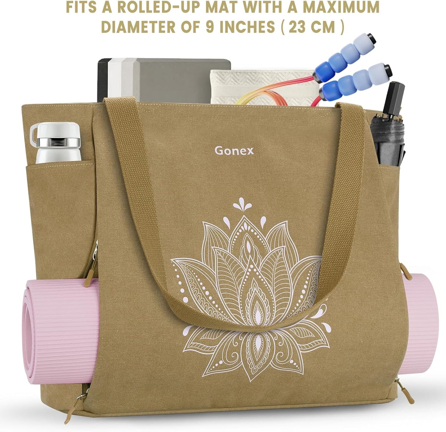 Gonex Yoga Mat Bag, Large Tote Bag with Multi Pockets for Women Men, Canvas Mat Carrier, Full Zipper Easy Access for Pilates Gym Travel