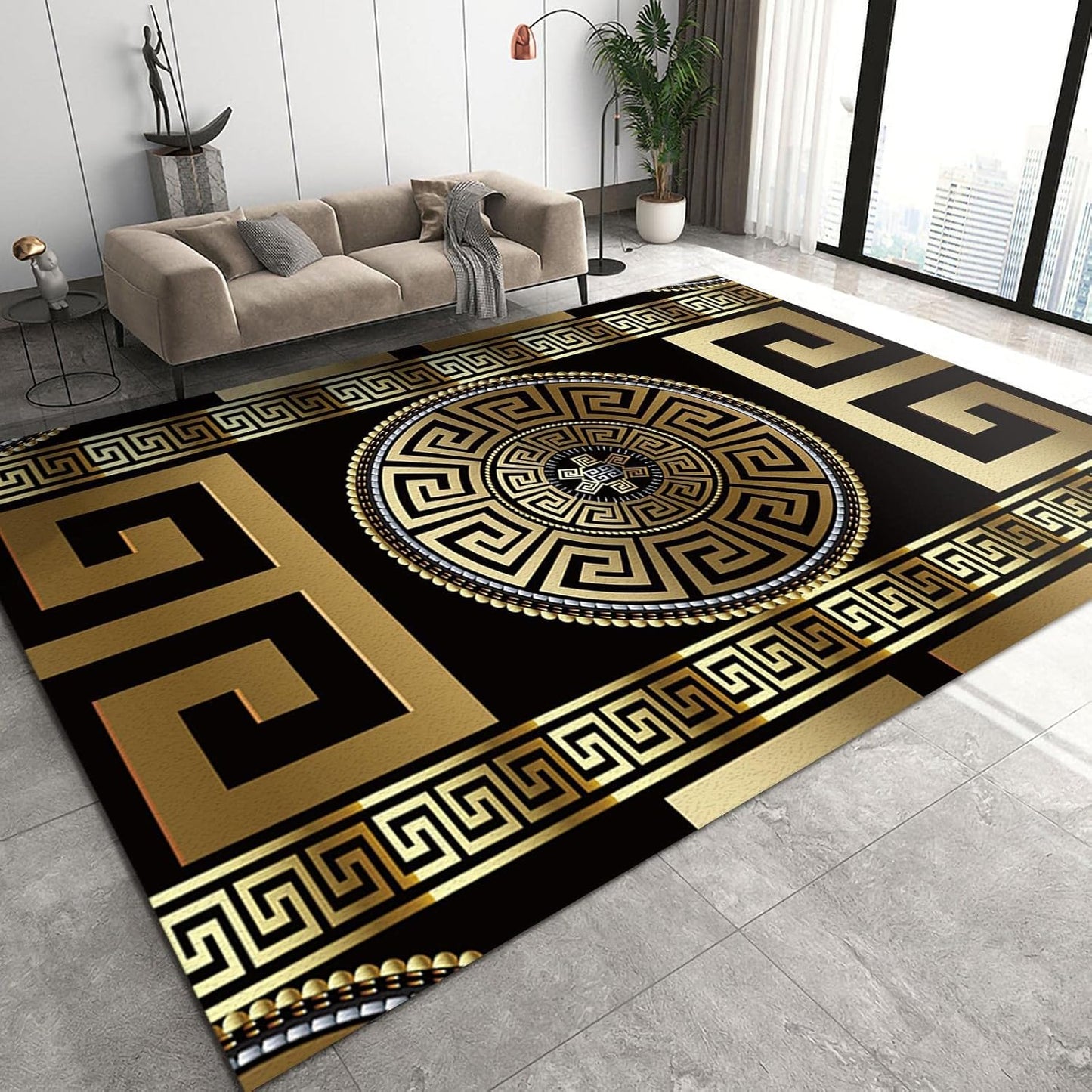 Retro Black Gold Greek Key Meander Area Rugs, 3D Geometric Gold Print Living Room Decor Rug, Soft Machine Washable for Hotel Home Decor Doormat Entrance Hall Yoga Room Patio, 5ft x 6ft