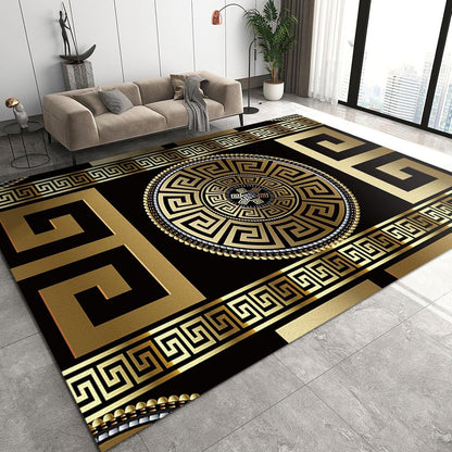 Retro Black Gold Greek Key Meander Area Rugs, 3D Geometric Gold Print Living Room Decor Rug, Soft Machine Washable for Hotel Home Decor Doormat Entrance Hall Yoga Room Patio, 5ft x 6ft