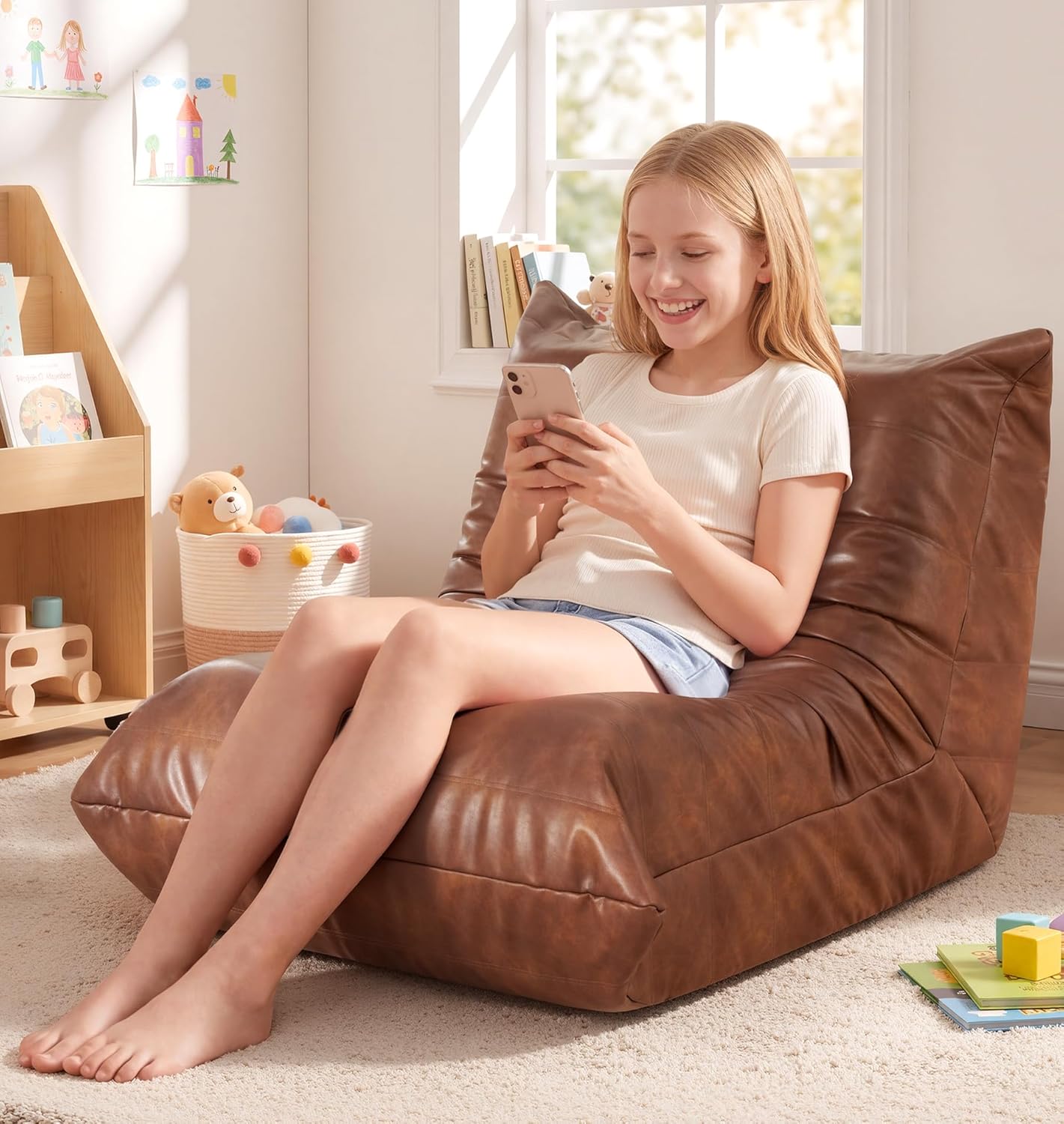 Hobestluk Giant Bean Bag Chair Lazy Floor Sofa, Memory Foam Fireside Sofa for Adults, Big Beanbag Faux Leather Armless Chair for Living Room Bedroom Dorm Office (Brown, Single)