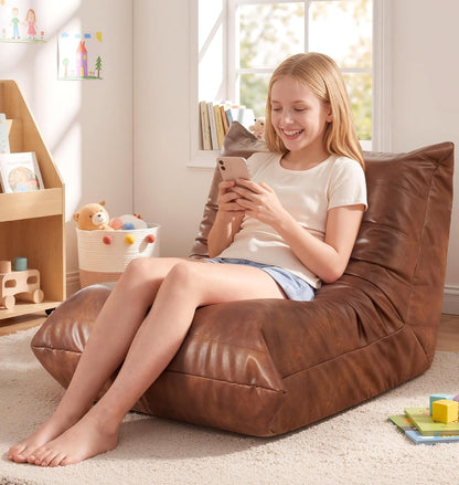 Hobestluk Giant Bean Bag Chair Lazy Floor Sofa, Memory Foam Fireside Sofa for Adults, Big Beanbag Faux Leather Armless Chair for Living Room Bedroom Dorm Office (Brown, Single)