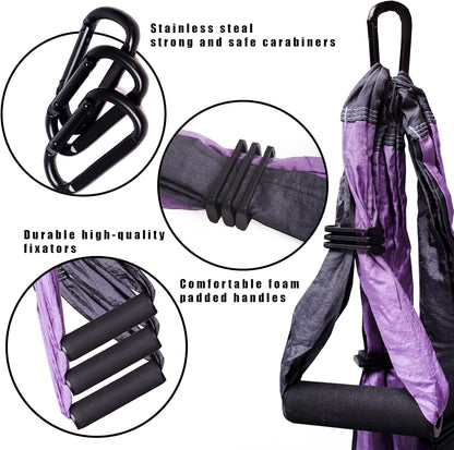 Aerial Yoga Swing Set - Yoga Hammock Hanging Swing - Aerial Sling Inversion Fly Kit - Acro Yoga Inversion Tool - Antigravity Toga Sling - Suspension Trapeze (Grey-Lilac)