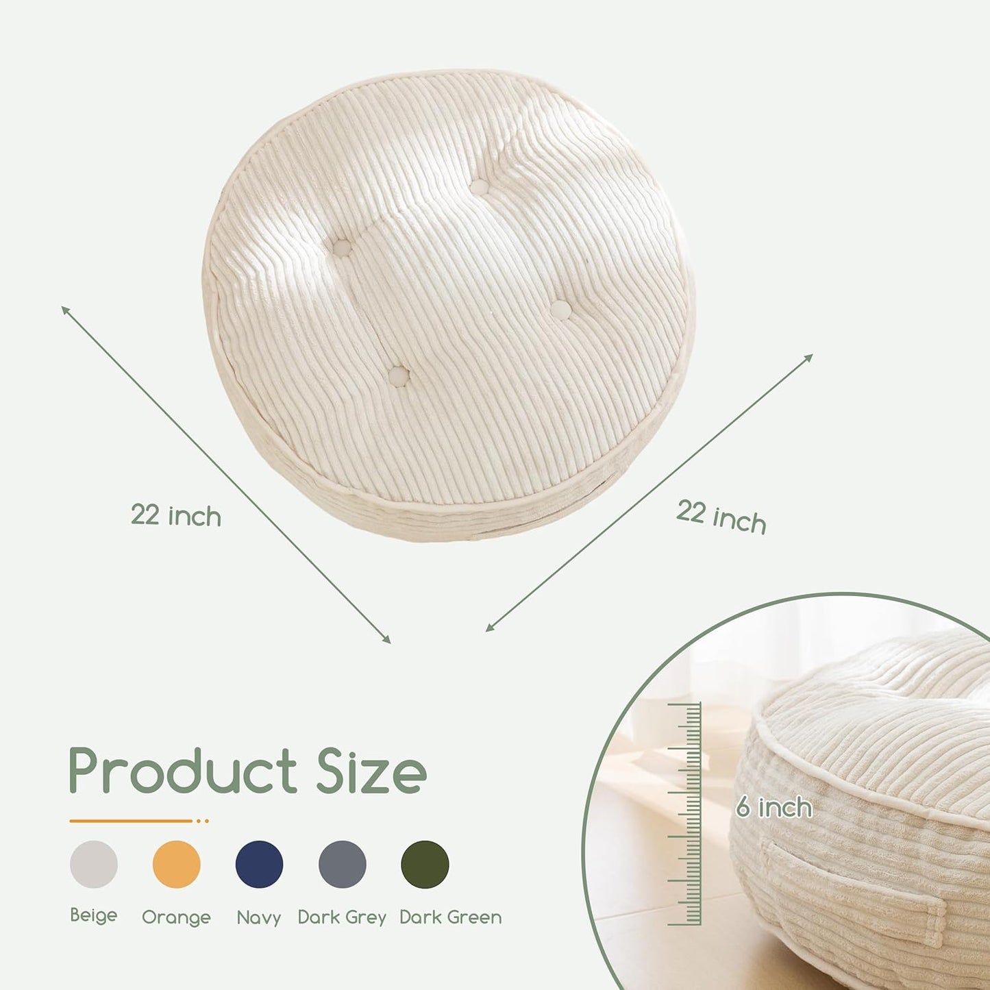 HIGOGOGO Floor Pillow Cushion for Adults, Meditation Cushion Pillow, Large Square Floor Sitting, Tufted Corduroy Cover, for Tatami Living Room or Yoga, 22x22 Inch, Dark Grey