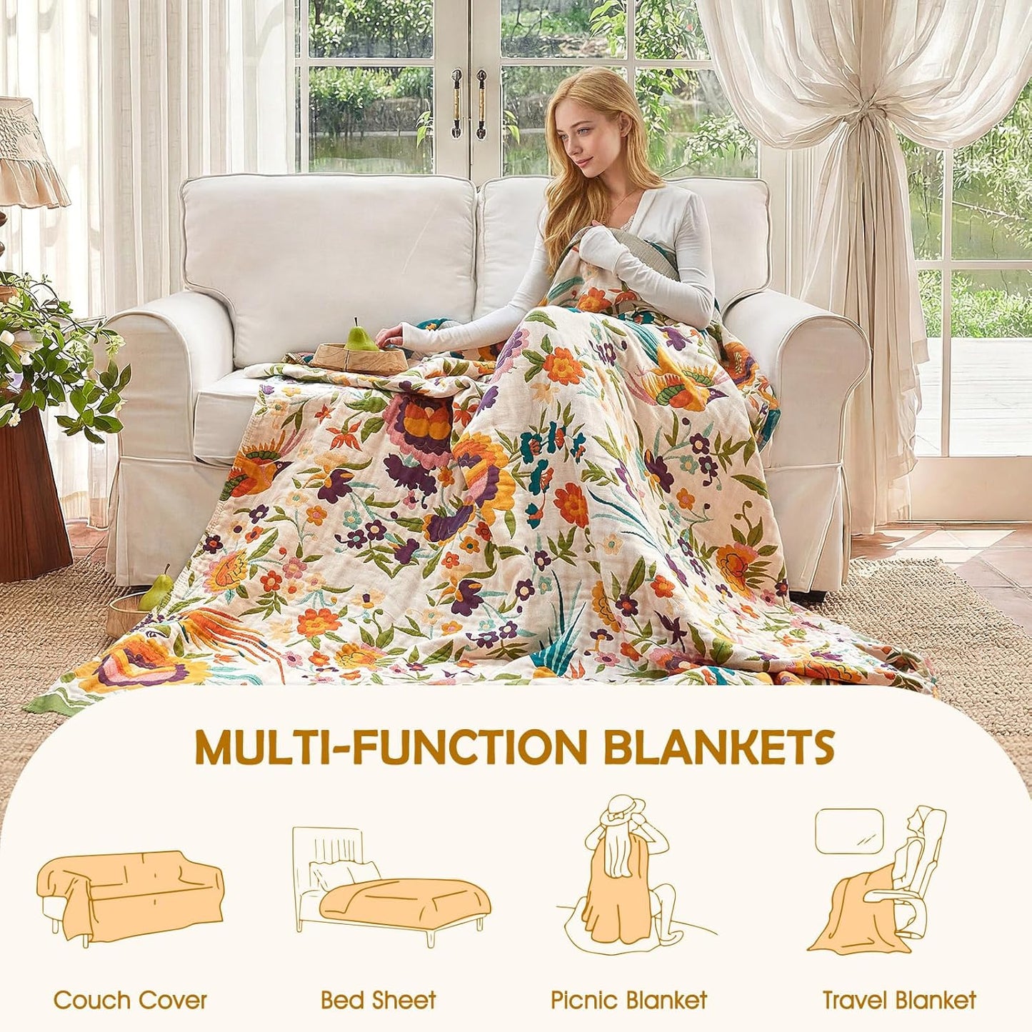 Boho Throw Blanket - 100% Cotton Soft Summer Throw Blanket for Bed, 50"x60" Reversible Breathable Lightweight Blankets, All Seasons Farmhouse Decor Floral Plant Butterfly Throw Quilt