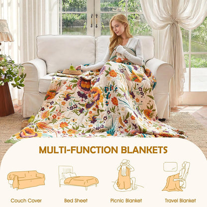 Boho Throw Blanket - 100% Cotton Soft Summer Throw Blanket for Bed, 50"x60" Reversible Breathable Lightweight Blankets, All Seasons Farmhouse Decor Floral Plant Butterfly Throw Quilt
