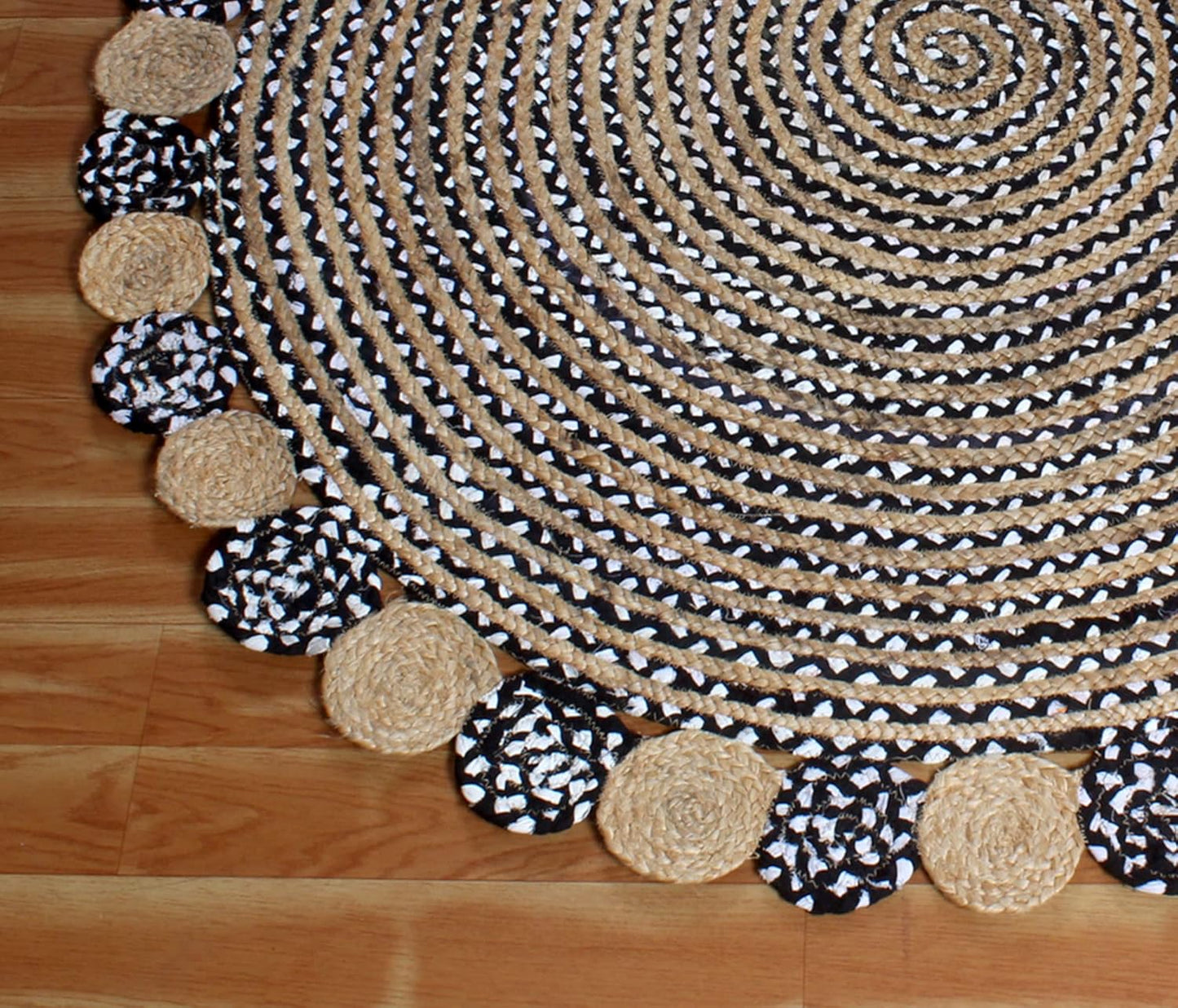 Collection Circle Area Rug - 3 x 3 Ft' Beige and Black Geometric Pettern Jute Mat Ideal for High Traffic Area in Hallway Bedroom Living Room Dining Room Kitchen Terrace Yoga Mat