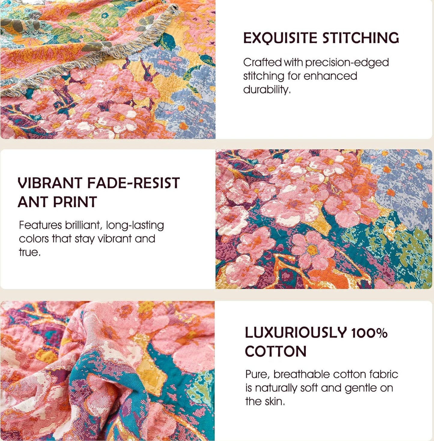 Boho Throw Blanket - 100% Cotton Soft Summer Throw Blanket for Bed, 50"x60" Reversible Breathable Lightweight Blankets, All Seasons Farmhouse Decor Floral Plant Butterfly Throw Quilt
