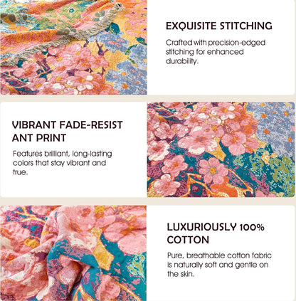 Boho Throw Blanket - 100% Cotton Soft Summer Throw Blanket for Bed, 50"x60" Reversible Breathable Lightweight Blankets, All Seasons Farmhouse Decor Floral Plant Butterfly Throw Quilt