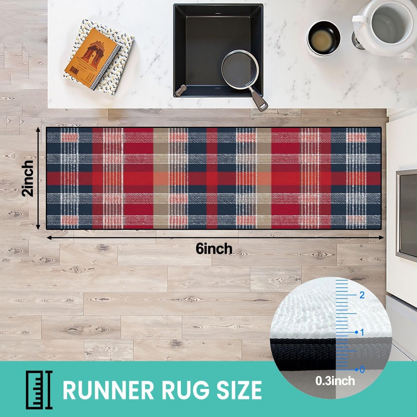 Runner Rug Washable 2x6 White Navy Blue Green Tartan Plaid Scottish Texture from Tartan Plaid Non-Slip Hallway Area Rug Indoor Outdoor Home Decor for Entryway Bathroom Kitchen Carpet Yoga Floor Mat