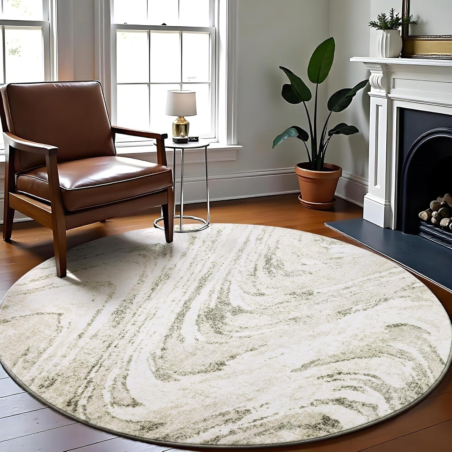 Carvapet 4ft Washable Round Rugs, Modern Abstract Circle Rug, Non Slip Rubber Backing Foldable Low Pile Carpet for Living Room Bedroom, 4ft Red/Orange Rug