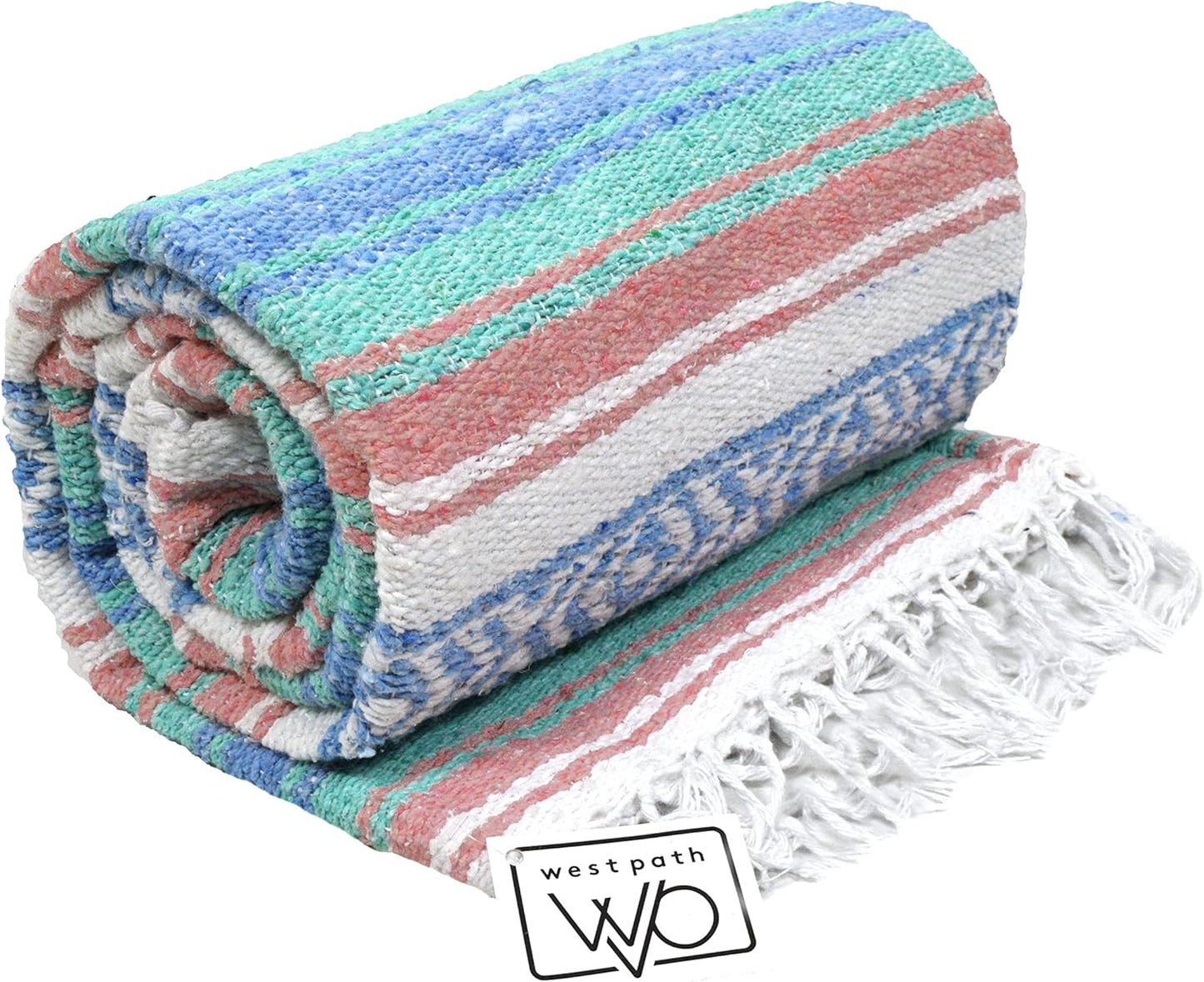 Open Road Goods Multi Color Mexican Falsa Blanket - Handwoven in Mexico - Great for The Beach, Picnics, Yoga, or a Throw! (Mint/Purple)