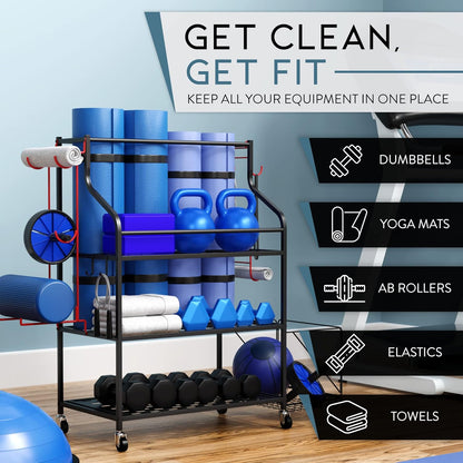 Cascina Home Gym Storage Rack - Weight Rack for Dumbbells, Kettlebells, Foam Roller, Resistance Bands and Yoga Mat Storage Holder - Exercise Workout Equipment Storage Organizer with Hooks and Wheels