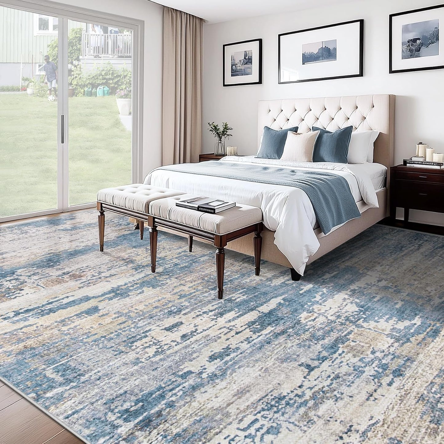 XLUEZ 8x10 Area Rugs for Living Room, Washable Modern Abstract Large Area Rug Neutral Soft Non Slip Kids Rug Stain Resistant Indoor Carpet for Bedroom Nursery Dining Children's Room(Blue, 8'x10')